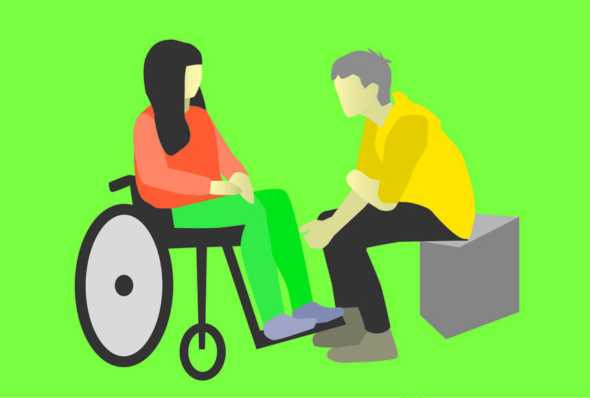 Zeichnung mit einer Frau im Rollstuhl und gegenüber sitzt ein Mann