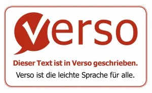 Logo von Verso mit dem Schriftzug: Dieser Text ist in Verso geschrieben. Verso ist die leichte Sprache für alle