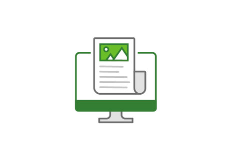 Grafik mit Computerbildschirm und Ausdruck von einem Blatt Papier in grün und weiß