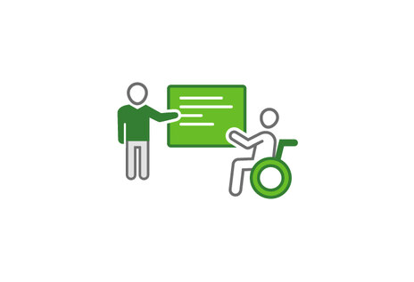 grün-weiße Grafik mit einer stehenden Person vor einem Bildschirm erklärend und einer zweiten Person im Rollstuh gegenüber