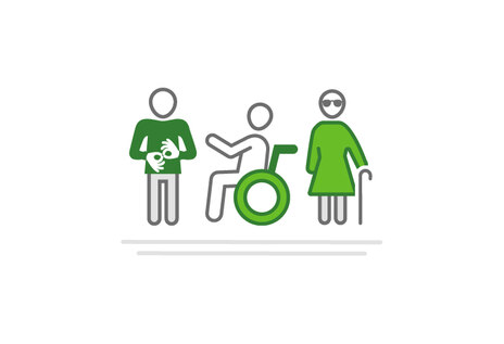 grün-weiße Grafik mit drei Personen und unterschiedlichen Behinderungen