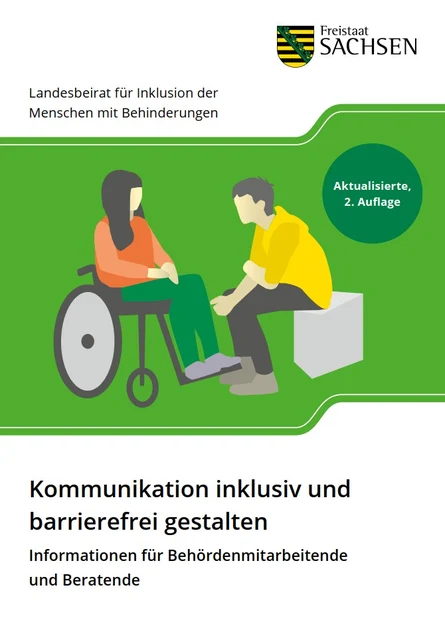 Ausschnitt vom Cover der Broschüre mit dem Titel und der Grafik - eine Frau im Rollstuhl steht einem sitzenden Mann gegenüber sie scheinen sich zu unterhalten