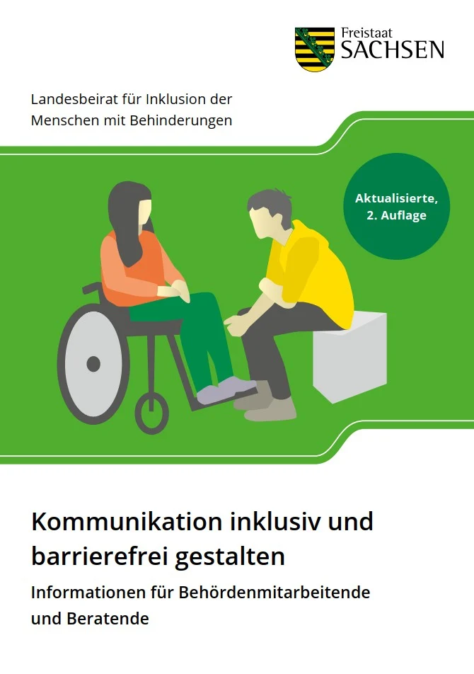 Ausschnitt vom Cover der Broschüre mit dem Titel und der Grafik - eine Frau im Rollstuhl steht einem sitzenden Mann gegenüber sie scheinen sich zu unterhalten